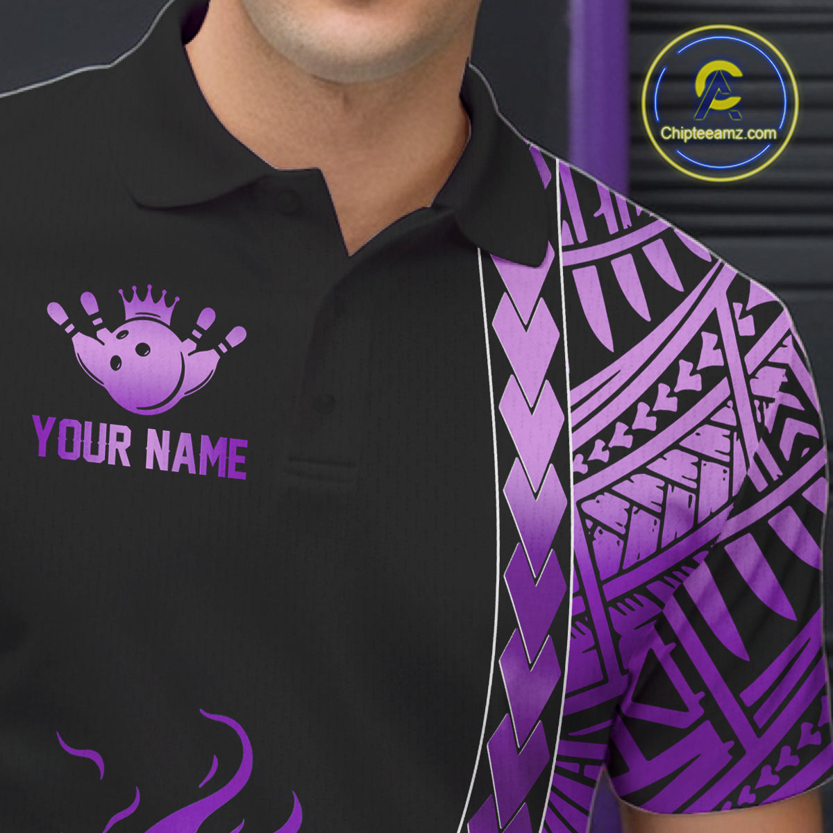 Male athlete wearing purple bowling jersey, league-ready uniform