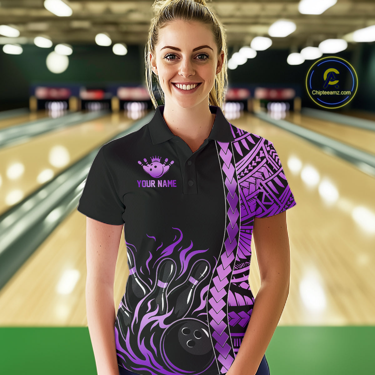 Female athlete modeling purple bowling polo, personalized bowling apparel