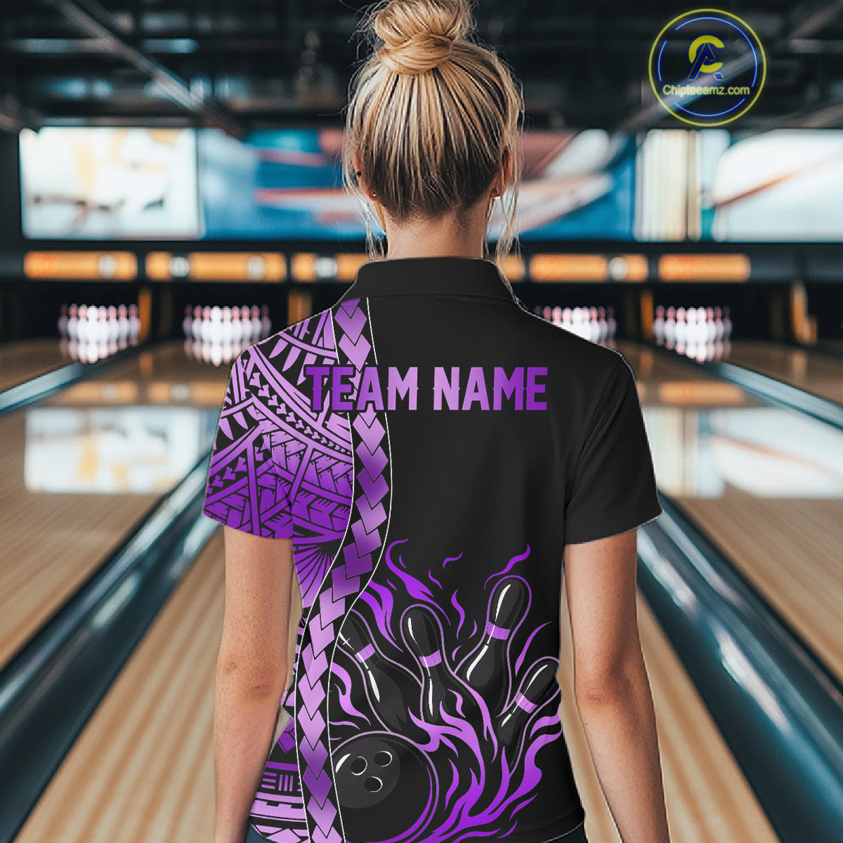 Female athlete modeling purple bowling polo, personalized bowling apparel