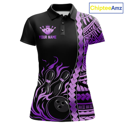 Women's black purple tribal flame bowling polo, personalized bowling team apparel