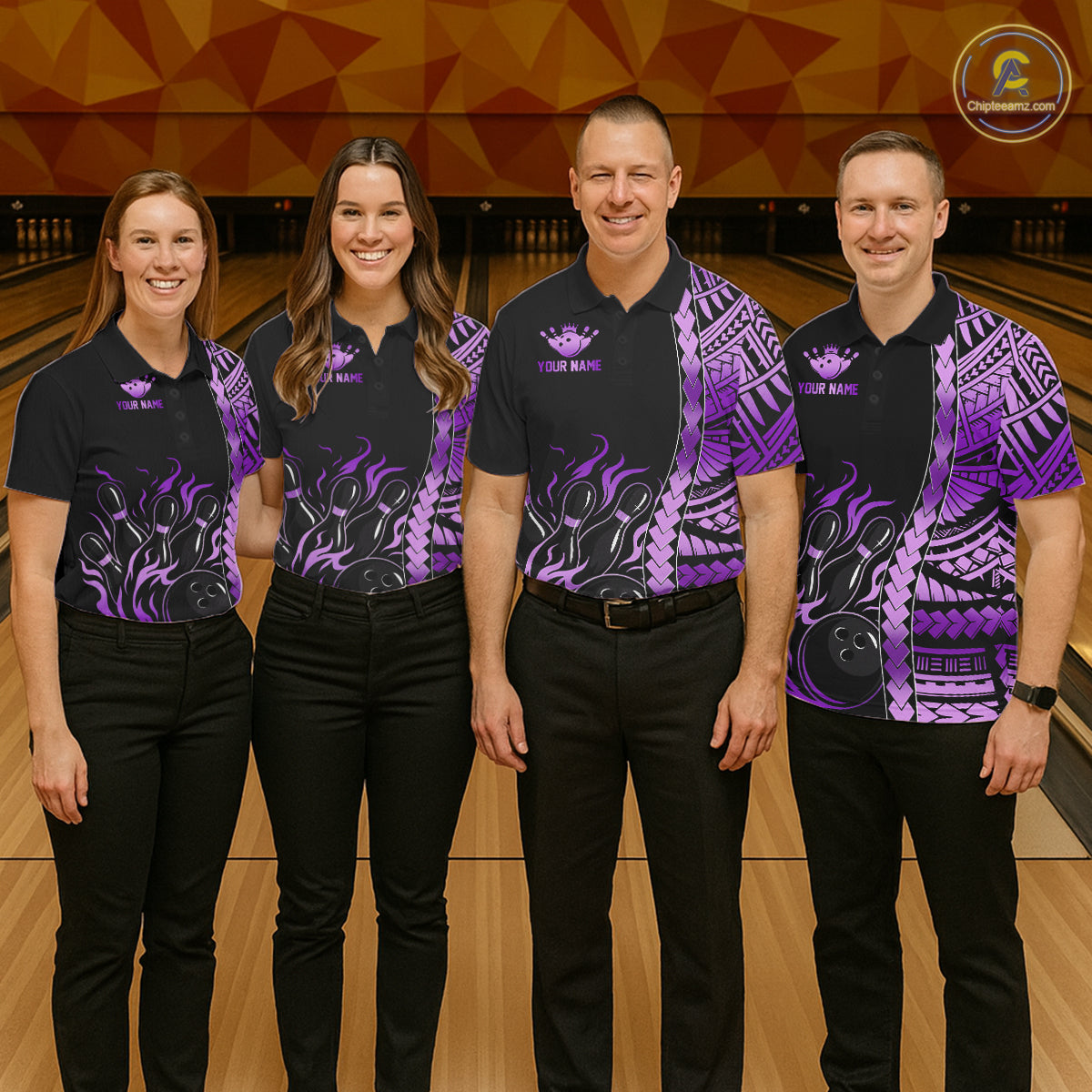 Men women bowling team wearing Black & Purple Flame Tribal Bowling Polo & Quarter-Zip shirts, personalized bowling team uniforms for USBC league and tournament play