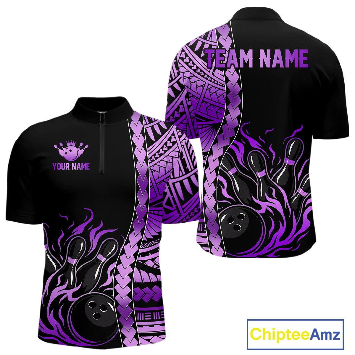 Men's purple tribal bowling quarter-zip, performance bowling apparel