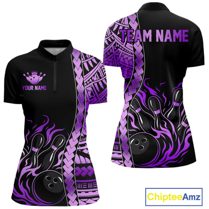 Women's purple tribal bowling quarter-zip, premium bowling jersey