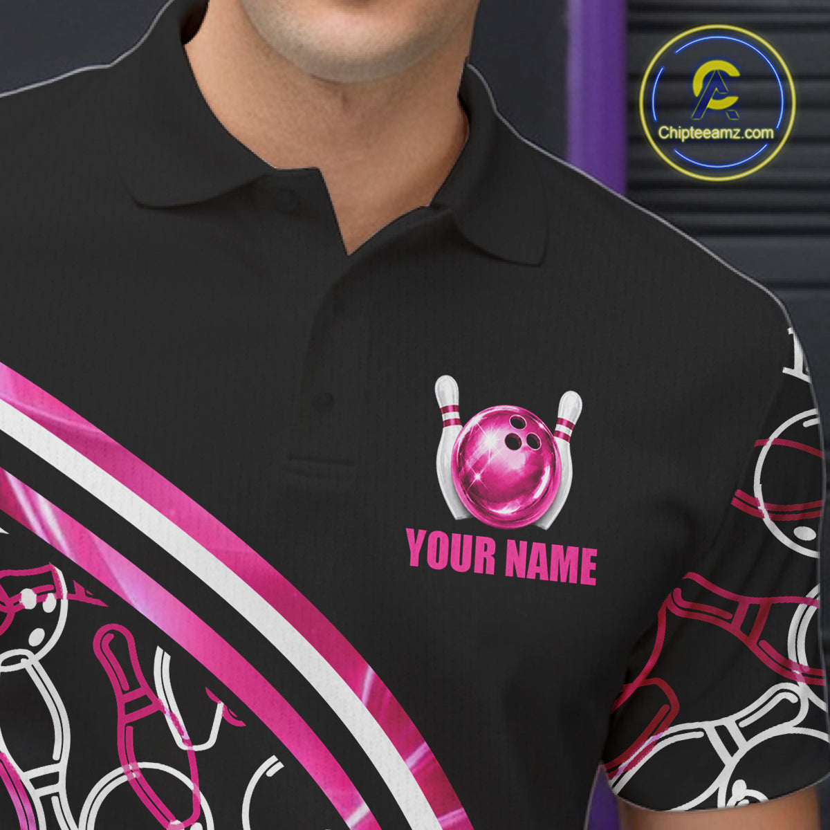 Male bowler modeling holographic bowling jersey in tournament setting