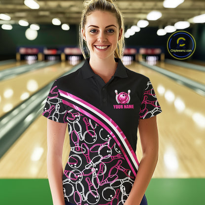 Female bowler wearing holographic bowling polo with modern athletic style