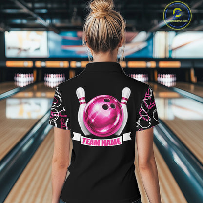 Female bowler wearing holographic bowling polo with modern athletic style