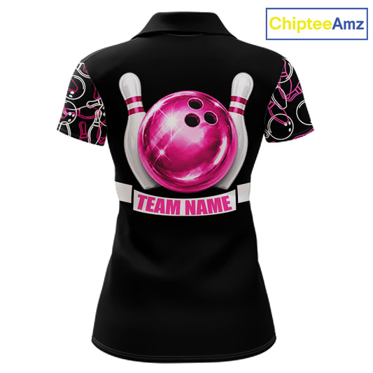 Women's holographic bowling polo, pink bowling pattern, personalized bowling shirt, custom bowling team apparel
