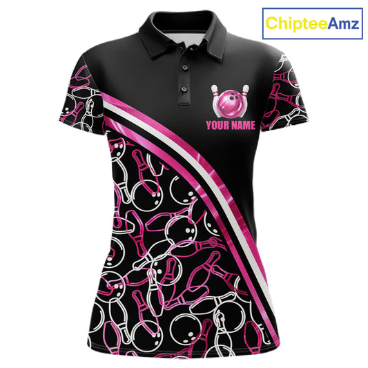 Women's holographic bowling polo, pink bowling pattern, personalized bowling shirt, custom bowling team apparel