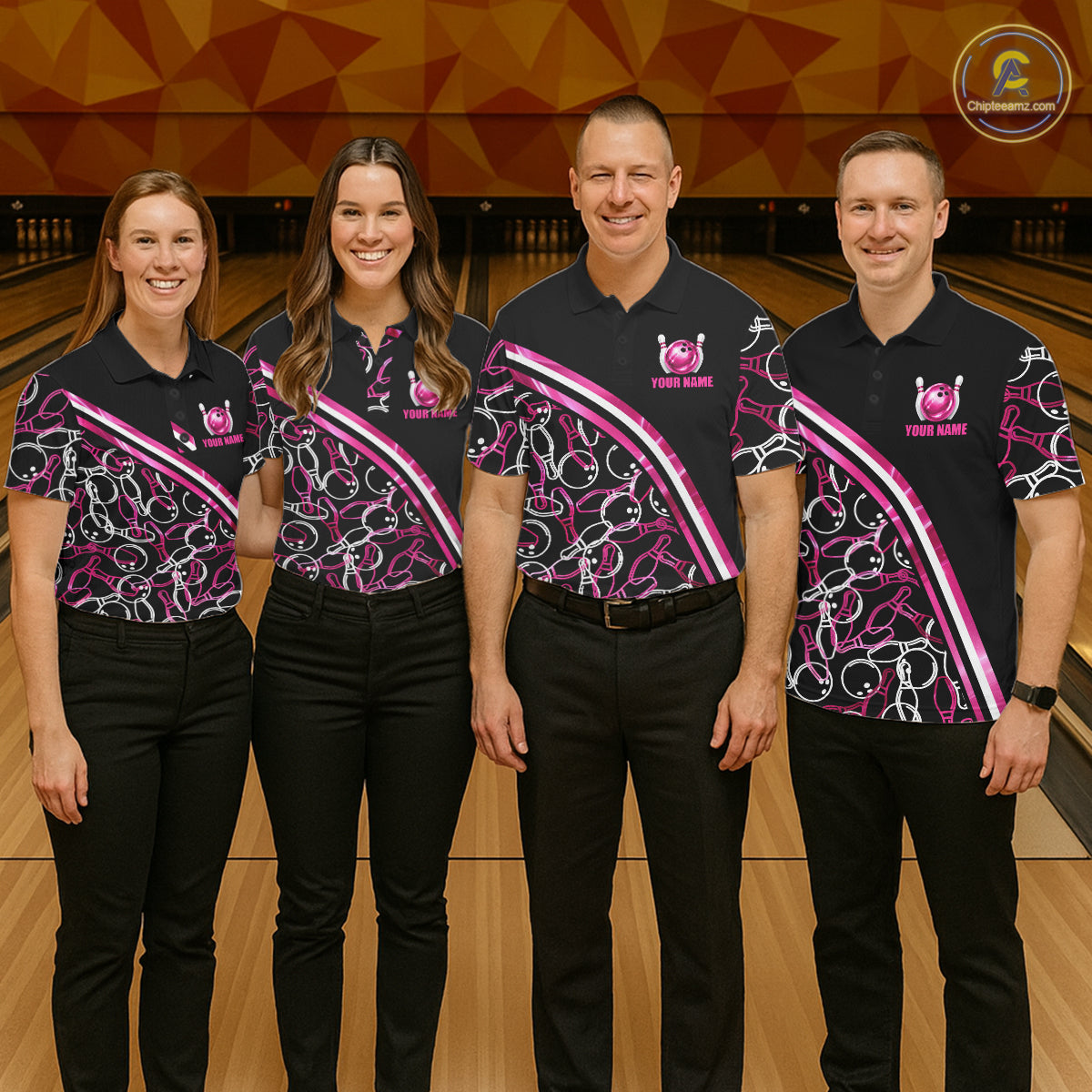 Women's bowling team wearing Personalized Holographic Pink Bowling Polo & Quarter-Zip shirts with matching custom names, modern bowling league uniforms and tournament apparel