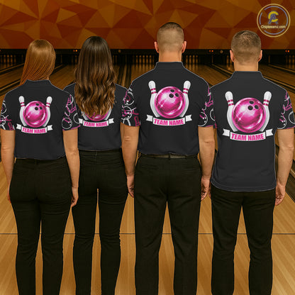 Women's bowling team wearing Personalized Holographic Pink Bowling Polo & Quarter-Zip shirts with matching custom names, modern bowling league uniforms and tournament apparel