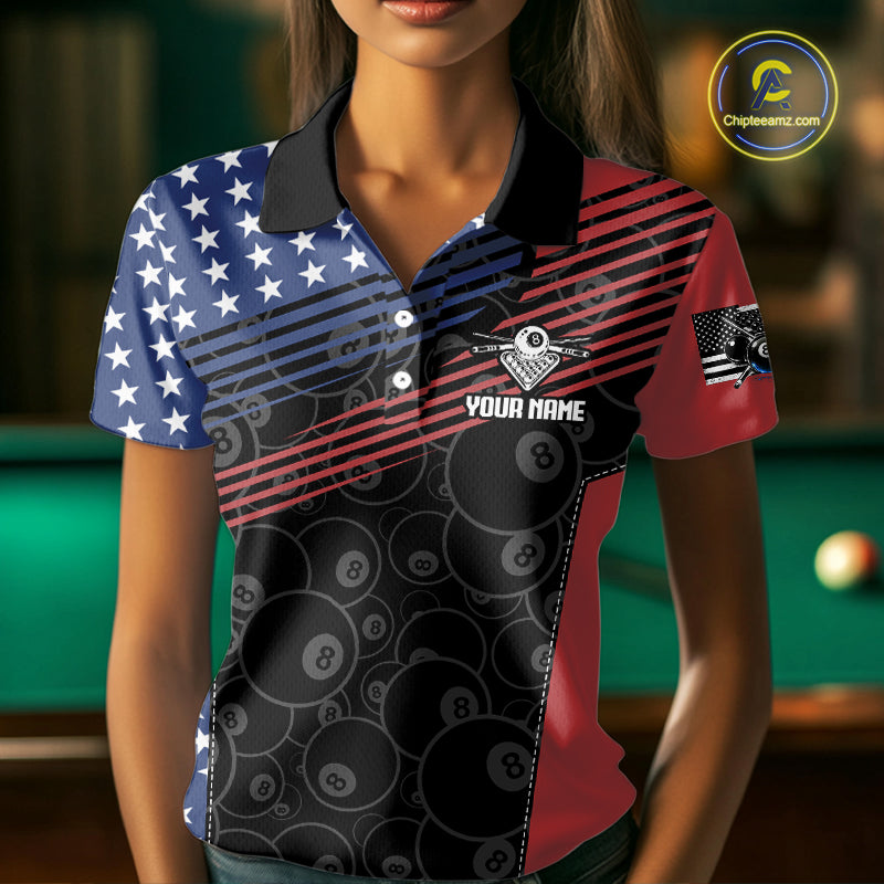 US Flag Pool 8 Ball Women's Billiard Polo & 1/4 Zip Shirt Custom Patriotic Billiard Attire NYN2362