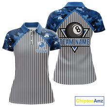 Load image into Gallery viewer, Blue Camouflage 8 Ball Pool Polo &amp; 1/4-Zip Shirt Custom Billiard Shirts For Women Billiard Team Attire NYN2979