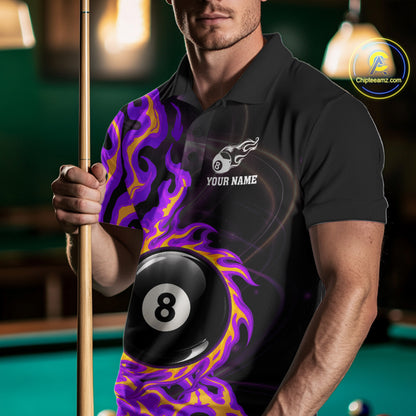 Purple & Yellow Flame 8 Ball Billiard Polo 1/4-Zip Shirt For Men Custom Flame Pool Team Jersey NYN3938