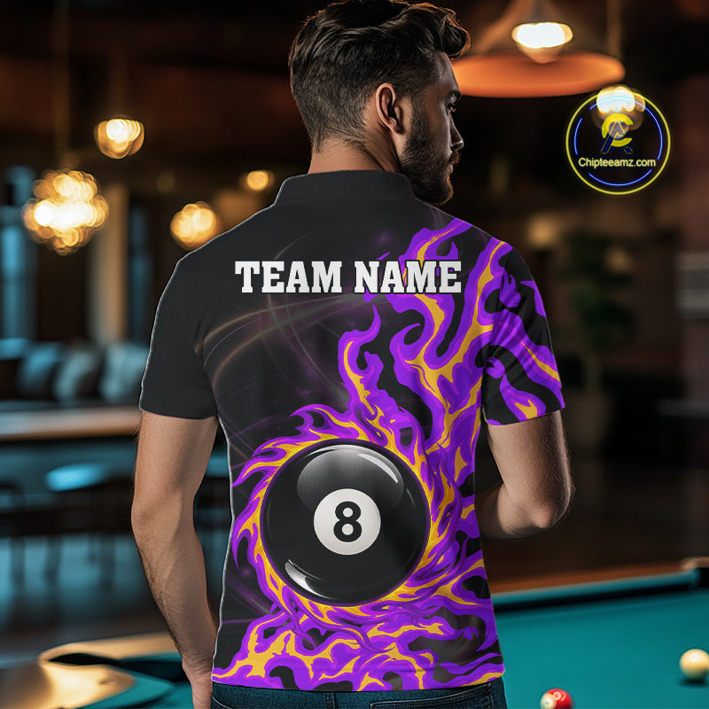 Purple & Yellow Flame 8 Ball Billiard Polo 1/4-Zip Shirt For Men Custom Flame Pool Team Jersey NYN3938