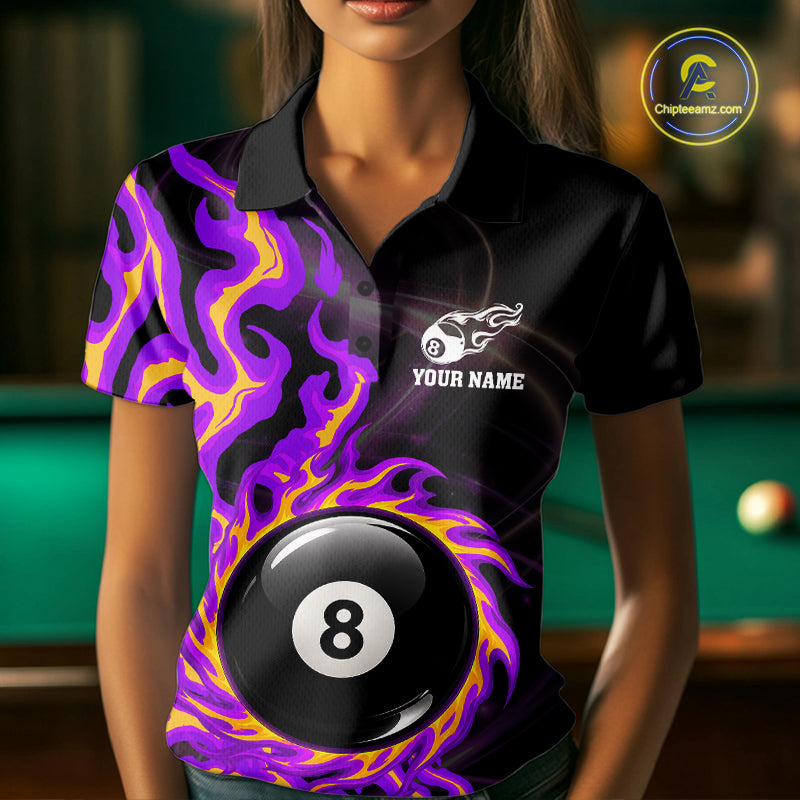 Purple & Yellow Flame 8 Ball Billiard Polo 1/4-Zip Shirt For Women Custom Flame Pool Team Jersey NYN3938
