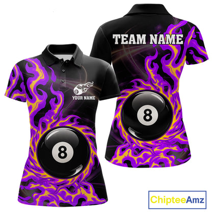 Purple & Yellow Flame 8 Ball Billiard Polo 1/4-Zip Shirt For Women Custom Flame Pool Team Jersey NYN3938