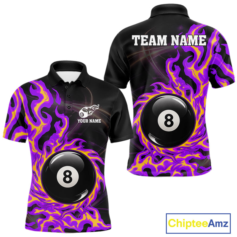 Purple & Yellow Flame 8 Ball Billiard Polo 1/4-Zip Shirt For Men Custom Flame Pool Team Jersey NYN3938