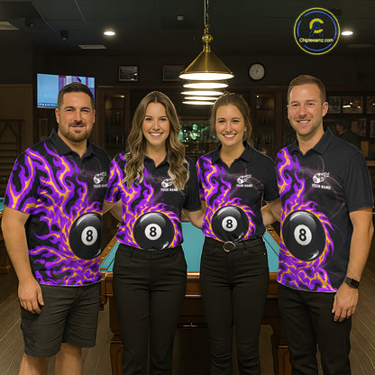 Purple & Yellow Flame 8 Ball Billiard Polo 1/4-Zip Shirt For Men Custom Flame Pool Team Jersey NYN3938