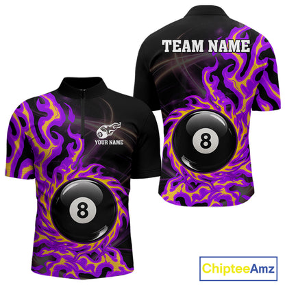 Purple & Yellow Flame 8 Ball Billiard Polo 1/4-Zip Shirt For Men Custom Flame Pool Team Jersey NYN3938