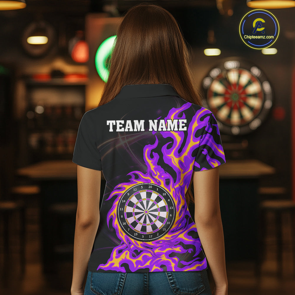 Purple & Yellow Flame Dartboard Darts Polo 1/4-Zip Shirt For Women Custom Fire Flame Dart Team Jersey NYN3939