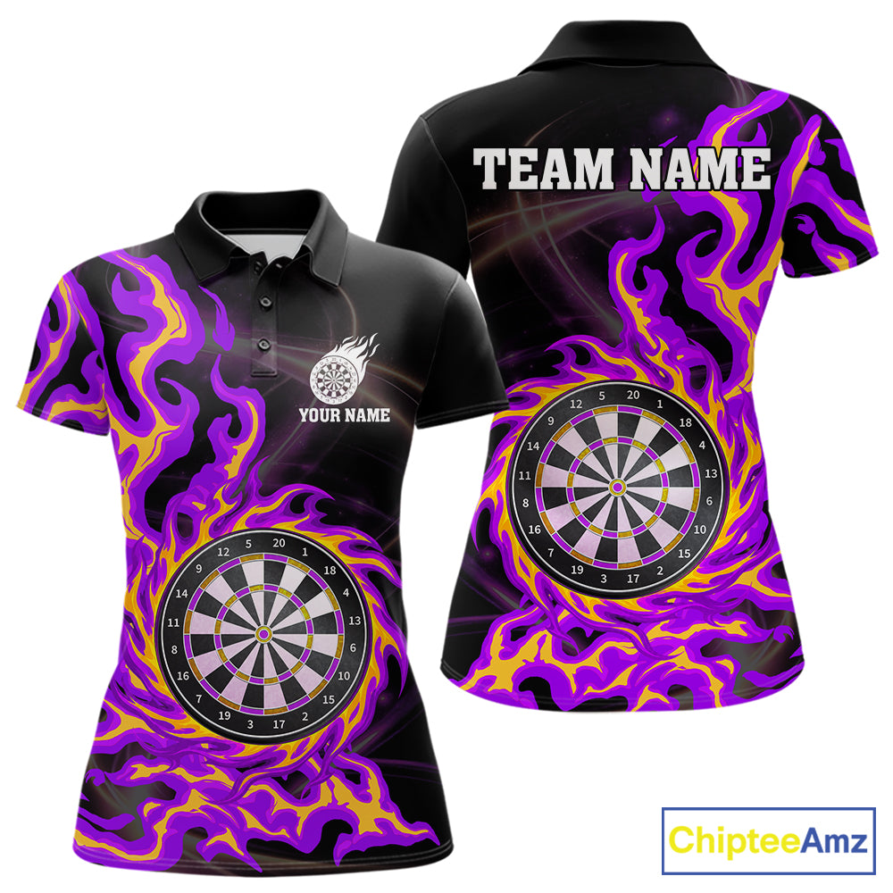 Purple & Yellow Flame Dartboard Darts Polo 1/4-Zip Shirt For Women Custom Fire Flame Dart Team Jersey NYN3939