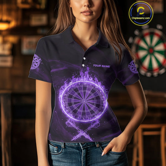 Purple Flames Dartboard & Arrow Custom Women  Darts Polo Shirt Fire Flame Dart Jerseys NYN1862