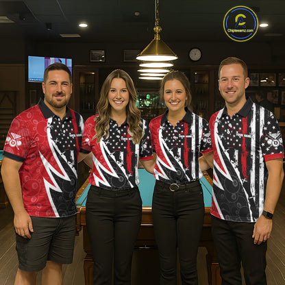 Black & Red US Flag 8 Ball Women Billiard Team Shirt Custom Polo & 1/4-Zip Pool Billiard Attire NYN2377