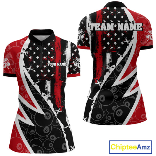 Black & Red US Flag 8 Ball Women Billiard Team Shirt Custom Polo & 1/4-Zip Pool Billiard Attire NYN2377