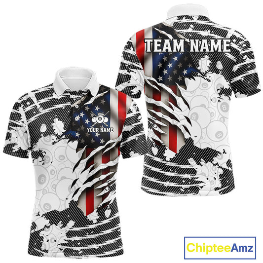 US Flag 8 Ball Men Billiard Team Shirt Custom Patriotic Pool Polo & 1/4-Zip Billiard Attire NYN2378