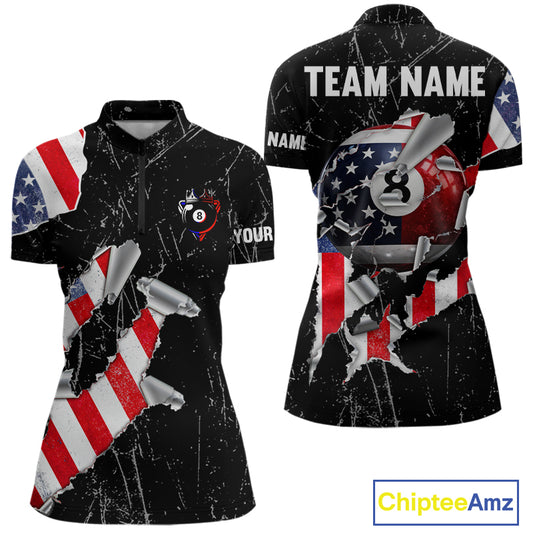 Torn US Flag Grunge Pool 8 Ball Women Billiard Team Shirt Custom Polo & 1/4-Zip Billiard Attire NYN2379