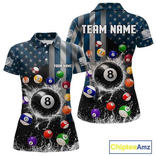 Watering 8 Ball Women Billiard Polo & 1/4-Zip Shirt Custom US Flag Pool Billiard Team Apparel NYN2384