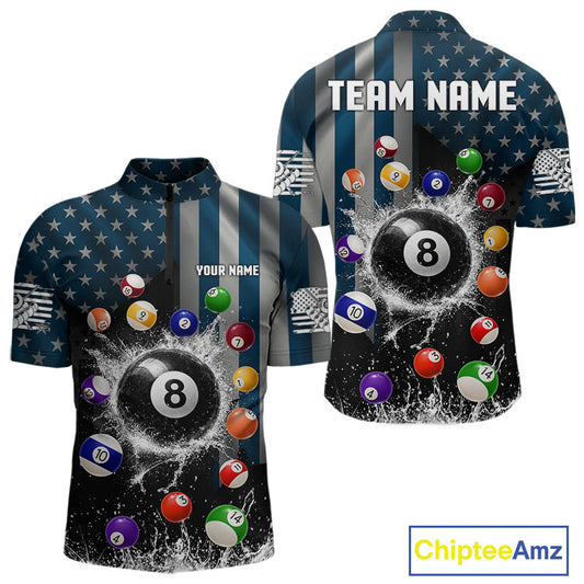 Watering 8 Ball Men Billiard Polo & 1/4-Zip Shirt Custom US Flag Pool Billiard Team Apparel NYN2384