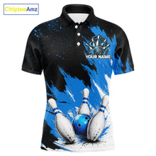 Load image into Gallery viewer, Black, White &amp; Blue Splatter Mens Bowling Shirt Custom Grunge Polo Quarter-Zip Bowling Team Jersey NYN3682