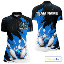 Load image into Gallery viewer, Black, White &amp; Blue Splatter Women Bowling Shirt Custom Grunge Polo Quarter-Zip Bowling Team Jersey NYN3682