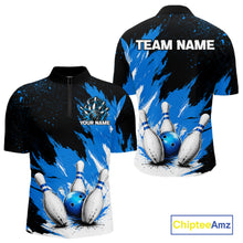 Load image into Gallery viewer, Black, White &amp; Blue Splatter Mens Bowling Shirt Custom Grunge Polo Quarter-Zip Bowling Team Jersey NYN3682