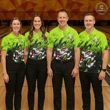 Load image into Gallery viewer, Funny Frog Bowling Ball And Pins Shirt For Men Custom Green Polo Quarter-Zip Bowling Team Attire NYN3685
