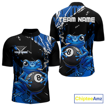 Custom Funny Frog 8 Ball Billiard Team Jersey Polo & Quarter-Zip Billiard Shirt For Men | Blue NYN3955