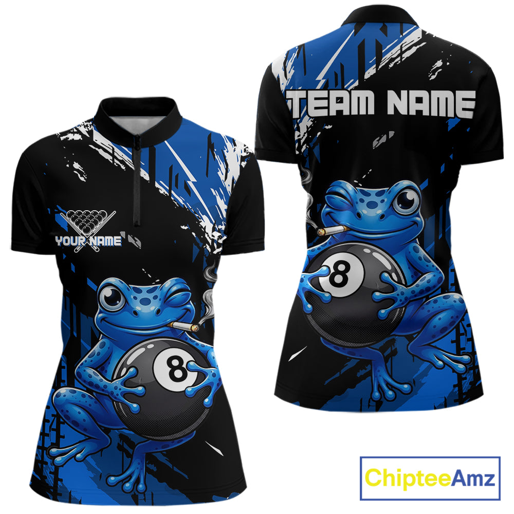 Custom Funny Frog 8 Ball Billiard Team Jersey Polo & Quarter-Zip Billiard Shirt For Women | Blue NYN3955