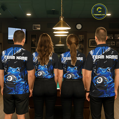 Custom Funny Frog 8 Ball Billiard Team Jersey Polo & Quarter-Zip Billiard Shirt For Men | Blue NYN3955