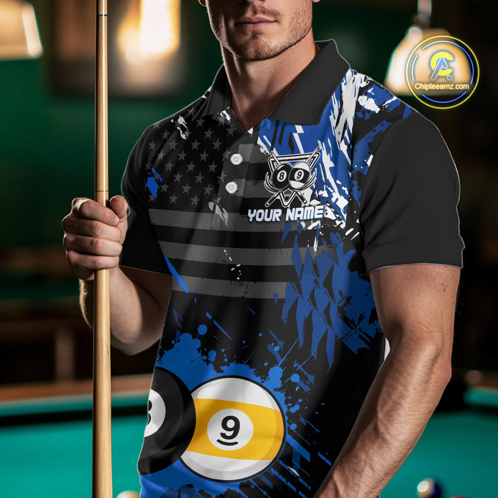 Custom Blue Splatter 8 Ball And 9 Ball Billiard Team Jersey Billiard Pool Shirt For Men NYN3956