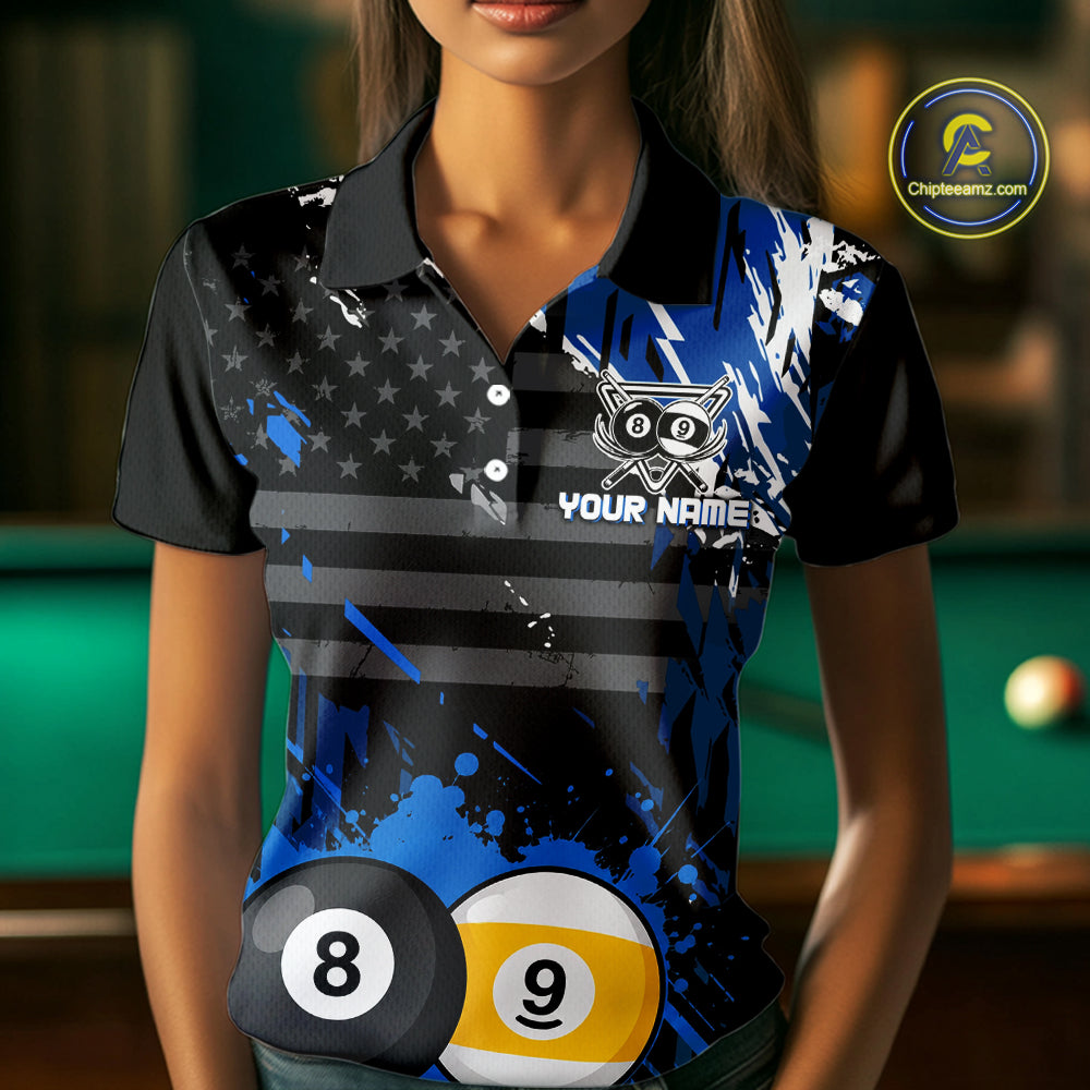 Custom Blue Splatter 8 Ball And 9 Ball Billiard Team Jersey Billiard Pool Shirt For Women NYN3956
