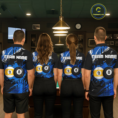 Custom Blue Splatter 8 Ball And 9 Ball Billiard Team Jersey Billiard Pool Shirt For Men NYN3956