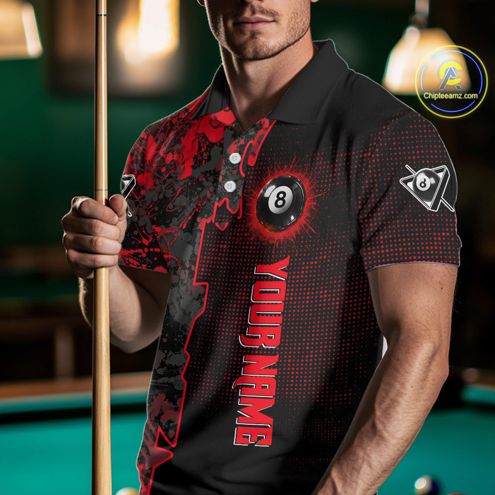 Red Grunge Splatter 8 Ball Pool Men Billiard Polo & 1/4-Zip Shirt Personalized Billiard Gifts NYN2391