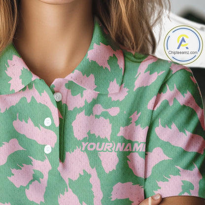 Womens Leopard Pattern Golf Polo Shirts Custom Green Pink Golf Clubs Pattern Attire, Golf Upf Shirts NYN3000