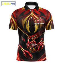 Load image into Gallery viewer, Men's bowling polo featuring red and gold lightning strike graphics with bowling ball, personalized tournament bowling shirt for racing fans, motorsport enthusiasts, esports players and league champions, symbolizing speed, power, momentum and victory