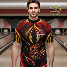 Load image into Gallery viewer, Male bowler wearing red gold lightning bowling jersey during tournament finals, premium sportswear for motorsport fans, symbolizing speed, courage and leadership.