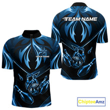 Load image into Gallery viewer, Men's quarter-zip bowling jersey featuring blue lightning strike design, moisture-wicking bowling tournament apparel representing consistency, teamwork and excellence.
