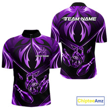 Load image into Gallery viewer, Men's quarter-zip bowling jersey featuring purple lightning effects, premium tournament apparel representing innovation, resilience and championship excellence.