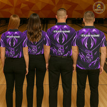 Load image into Gallery viewer, Mixed bowling team wearing matching purple lightning jerseys, personalized team uniforms representing unity, innovation, teamwork and lasting success.