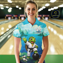 Load image into Gallery viewer, Female bowler wearing sea turtle bowling jersey during league play, personalized athletic apparel representing calmness, patience and determination.